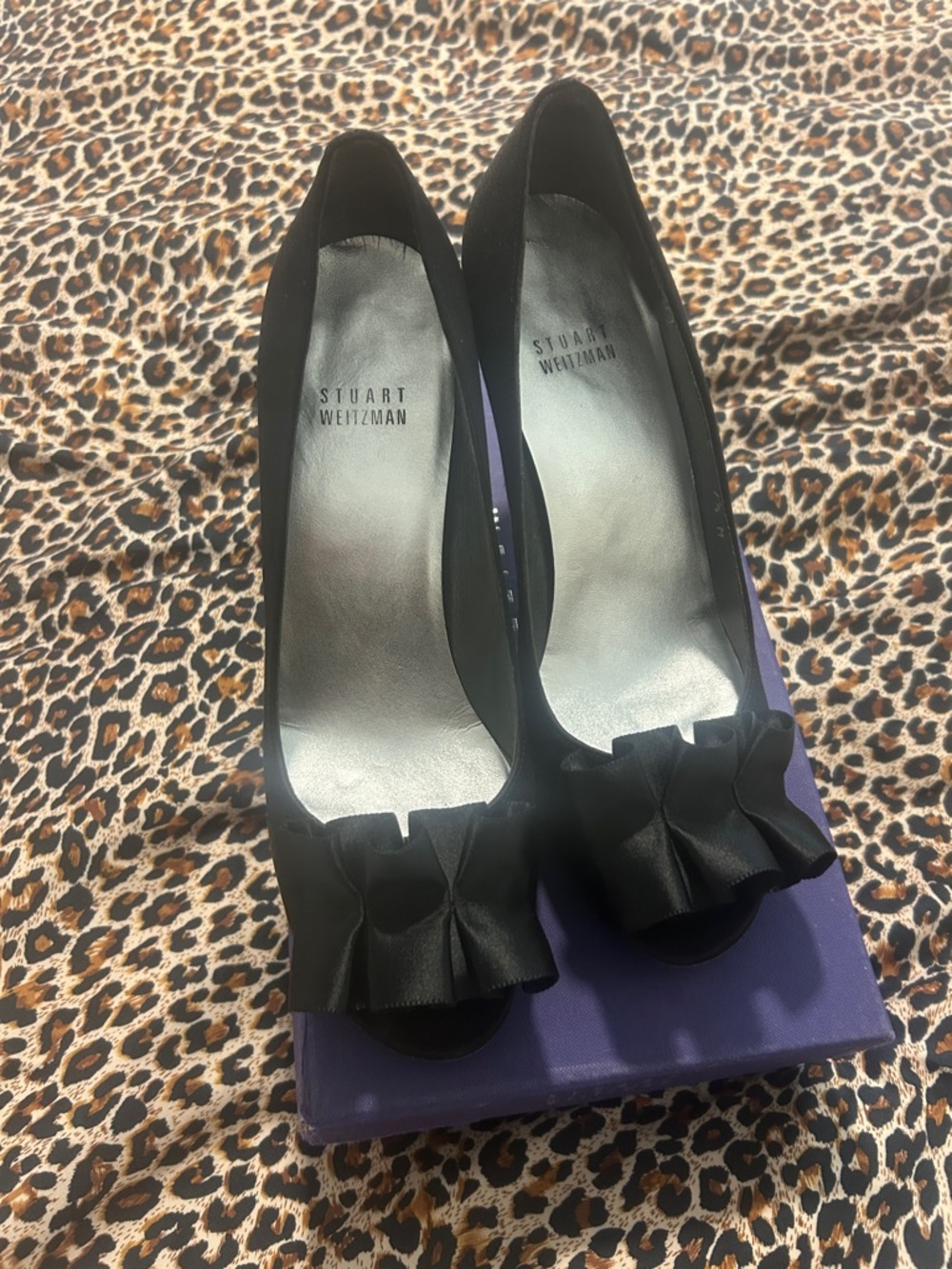 Stuart Weitzman Black Ruffle Peep-Toe Pumps with Silver Insole